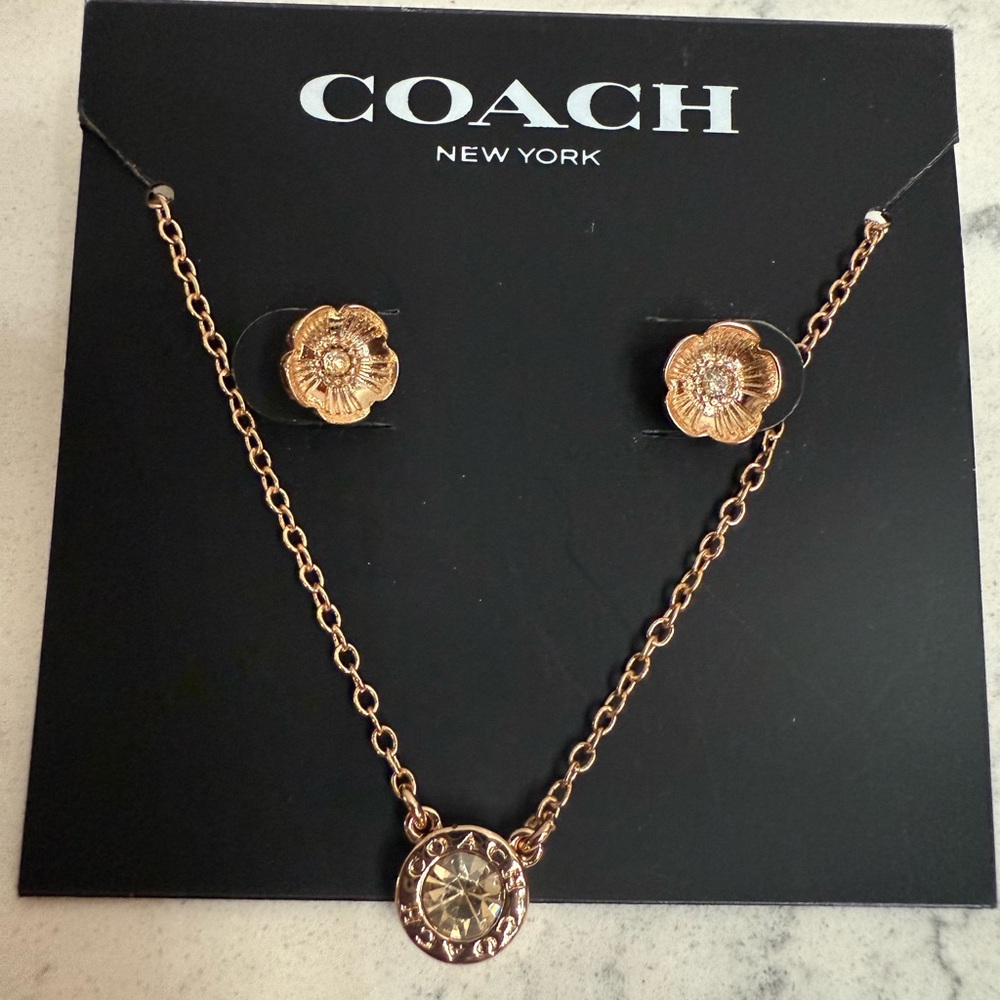 Coach Open Circle Necklace Tea Rose Stud Earrings Set NWT - Picture 2 of 4